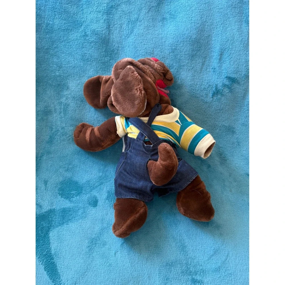 Vintage Ganz Wrinkles Dog Plush Hand Puppet Brown Denim Overalls 18 inch 5088649